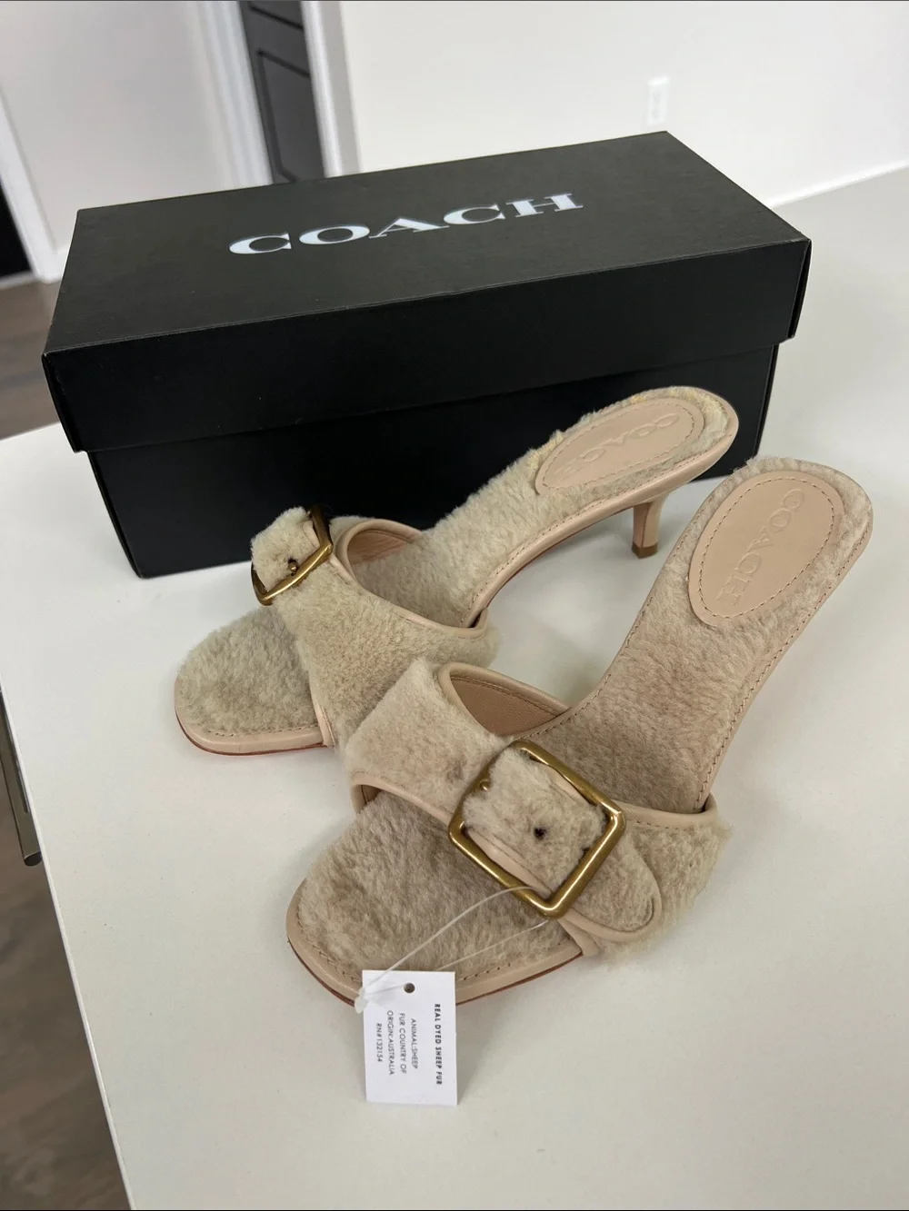 Coach shearling buckle open toe mule sandals natural cream 8.5